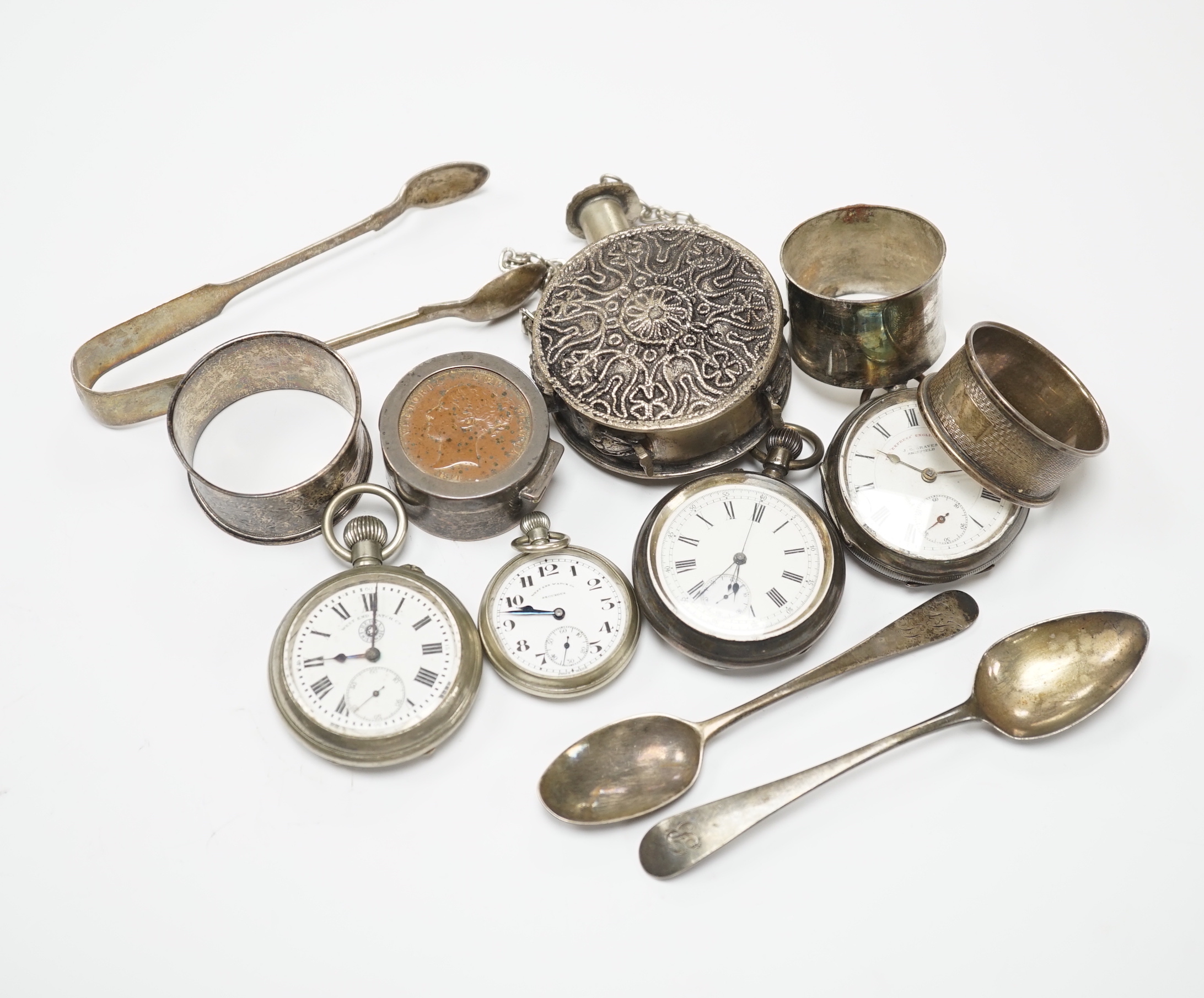 Sundry items including two silver pocket watches, two other nickel cased pocket watches, sundry silver flatware, napkin rings, etc.